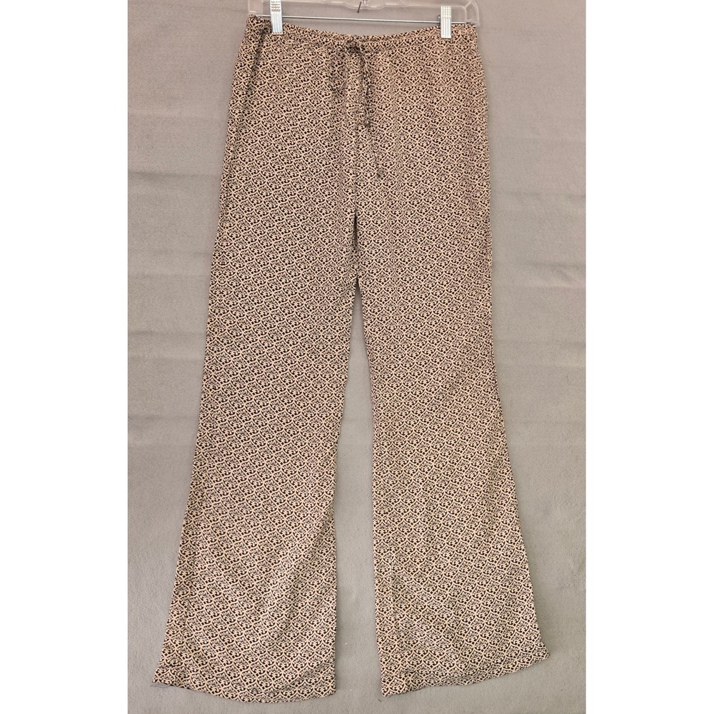 Lucy Love Womens Large Tan Black Damask Floral Print Wide Leg Drawstring Pants
